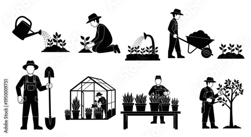 Black and White Glyph Icons of Gardening and Farming Activities