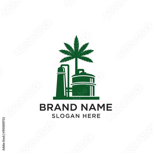 Cannabis industry logo design with factory and palm tree.