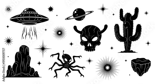 Black and White Space and Alien Icons - UFO, Skull, Cactus, Stars