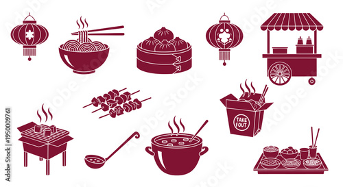 Chinese food icons in silhouette, dim sum, noodles, street food