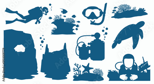 Blue Underwater Scene: Scuba Diver, Sea Turtle, Coral Reef, Shipwreck