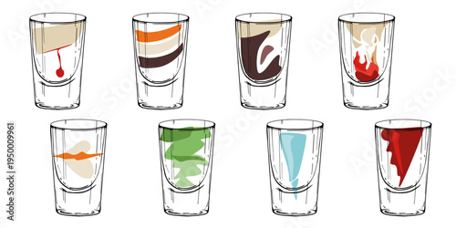 Vector mix of alcoholic cocktail shots, glasses hand drawn in ink, classic colors, recognizable fill. Slippery nipple, B-52, coffee or dark beer, Brain Hemorrhage, Kamikaze, Flatliner and Appletini.