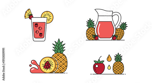 Pineapple Berry Juice Line art dynamic modern abstract color vector
