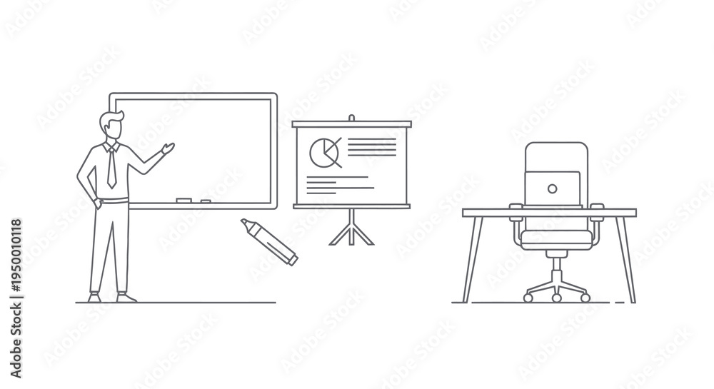 Fototapeta premium Business Presentation Line Art: Man, Whiteboard, Flipchart, Desk, Laptop