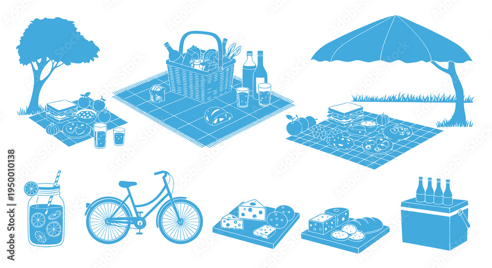Naklejka premium Picnic Scene - Food, Drinks, Bicycle, Umbrella - Blue Line Art