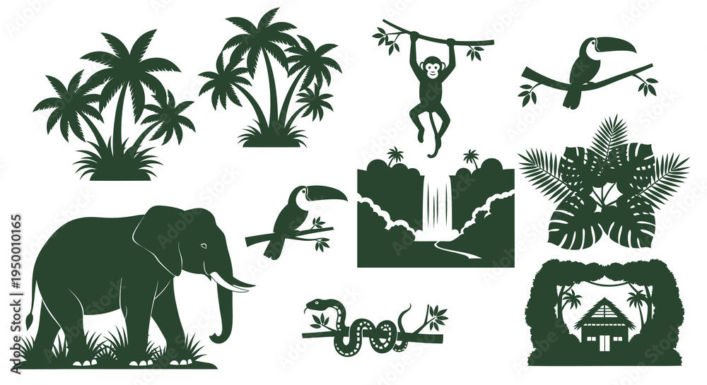 Obraz premium Jungle Safari Icons: Elephant, Monkey, Toucan, Waterfall, Snake, Tropical Plants