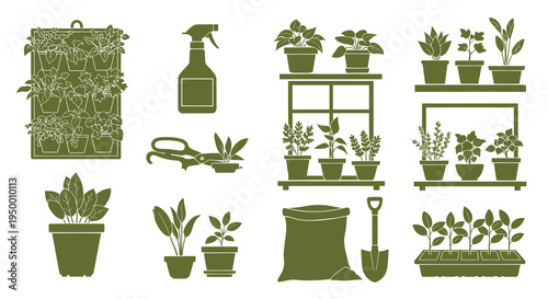 Gardening supplies and plants vector icons, flat design, green