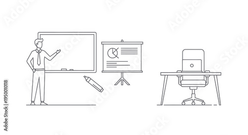 Business Presentation Line Art: Man, Whiteboard, Flipchart, Desk, Laptop