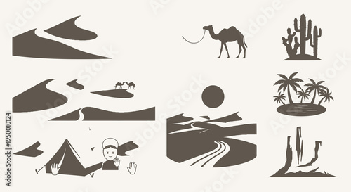 Desert Landscape Icons: Dunes, Camel, Cactus, Oasis, Tent, Rock Formations