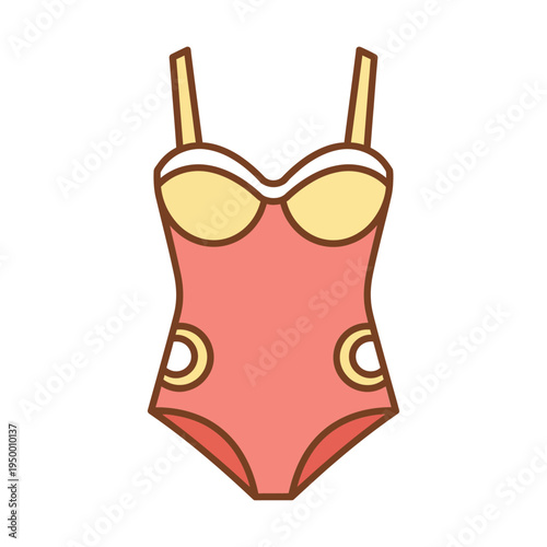 A coral swimsuit with gold accents is displayed on a white background.