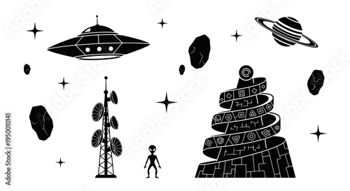 Black and White Alien UFO Space Tower Alien Planet and Asteroid Art