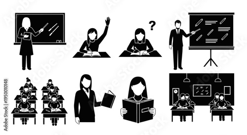 Education Icons: Teacher, Students, Classroom, Board, Learning, Glyph