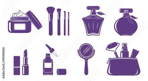 Purple Cosmetic Icons: Skincare, Makeup, Perfume, Beauty Tools, Flat Glyph Style