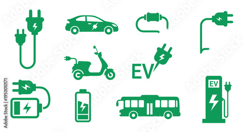 Electric Vehicle Icons: Car, Scooter, Bus, Battery, Charging - Flat Green Design