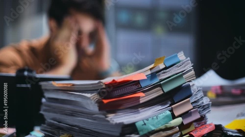overworked and exhausted employee working late in the office looks frustrated and bored from stress as a man struggles with piles of paperwork at night while rushing to meet a tight deadline