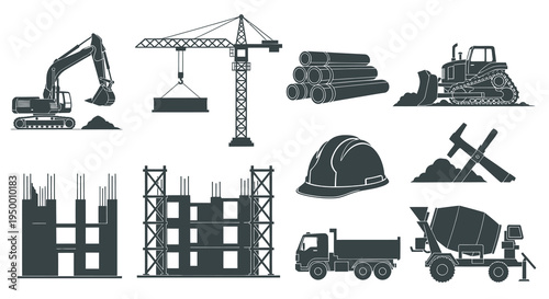 Construction Equipment Icons - Black  White Glyph Vector Set
