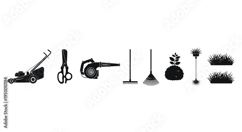Black and White Garden Tools Icons Set - Lawn Mower, Scissors, Blower, Rake, Plant, Grass