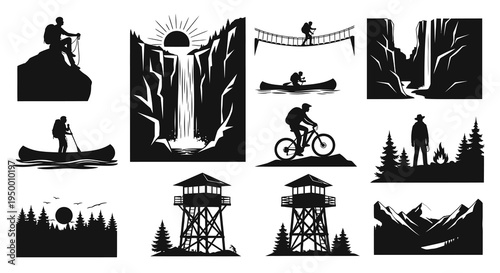 Black  White Silhouette Icons of Outdoor Adventure Activities
