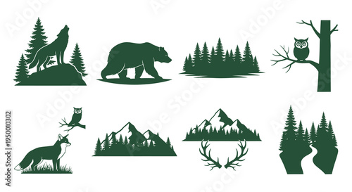 Forest Wildlife Mountain Nature Icon Set - Flat Design