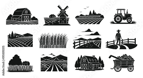 Black and White Farm Icons: Barn, Tractor, Windmill, Farmer, Crops, Wagon