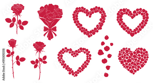 Red Rose Hearts and Bouquets, Romantic Valentine's Day Vector Art