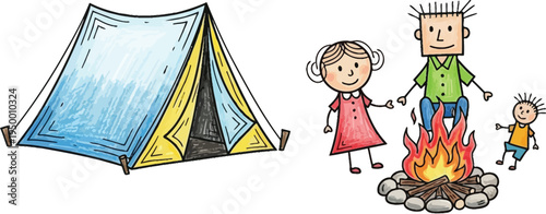 Family camping with tent and campfire outdoor adventure doodle illustration