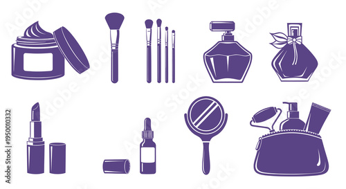 Purple Makeup and Cosmetics Icons Set, Beauty Products, Glyph Style