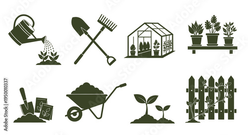 Gardening Icons Set - Watering Can, Tools, Greenhouse, Plants, Fence