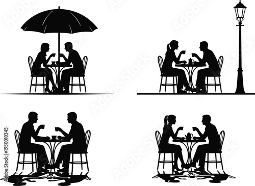 Black silhouette vector illustration set of romantic couples sitting at cafe tables drinking coffee under an umbrella and street lamp isolated on white.