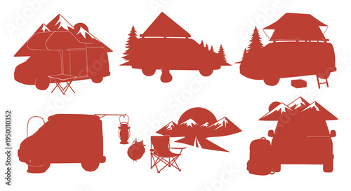 Camping RV Camper Van Icons Set Flat Style