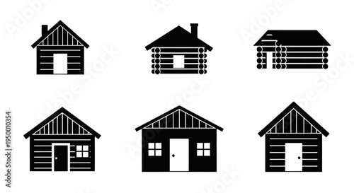 Black  White Icons of Six Different Wooden Cabins on White
