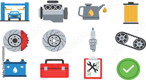 Car service and auto repair vector icon set featuring engine oil brake discs battery spark plug and tools isolated on white background for automotive maintenance