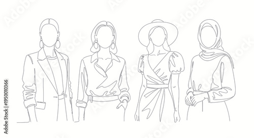Continuous line art vector of diverse stylish women fashion portraits in minimalist style