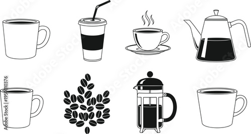 Coffee shop icons set featuring ceramic mugs takeaway cups french press coffee beans and kettle silhouettes isolated on white background for cafe branding and restaurant menu design.
