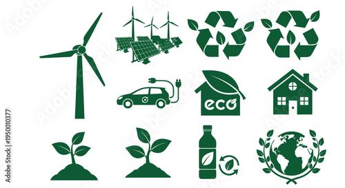 Eco-friendly Green Energy Icons: Wind Turbine, Solar Panel, EV Car, Recycling