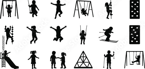 Children Playground Silhouette Set Featuring Kids Playing on Swings Sliding Climbing Walls Jumping and Skiing for Park Activities Education Childhood Fun and Outdoor Recreation Projects