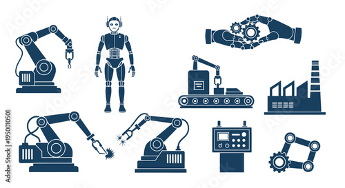 Blue Robot Arm Factory Industrial Automation Icons Set Glyph