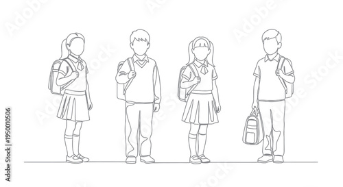 Black and White Line Art of Diverse School Kids with Backpacks