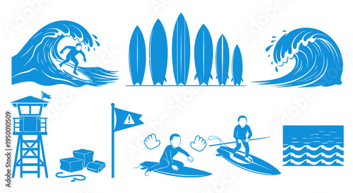 Surfing Icons: Wave, Lifeguard Tower, Surfboards, and Surfers in Blue Glyph Style