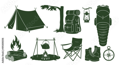 Camping Gear Icons: Tent, Backpack, Lantern, Boots, Compass, Fire, Forest Icons