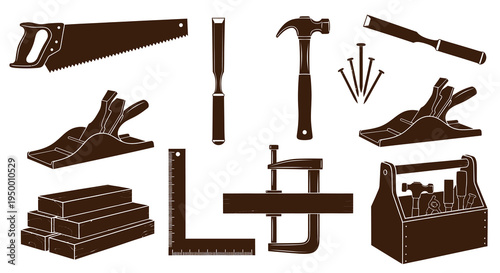 Carpenter's Woodworking Tools Icon Set, Brown Silhouette