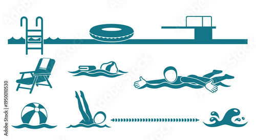 Swimming Pool Icons: Ladder, Chair, Ball, Diver, Swimmer, Diving Board