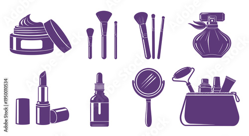 Purple Makeup and Beauty Icons: Cream, Brushes, Lipstick, Perfume, Mirror, Bag