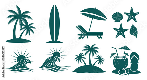 Beach Vacation Icons Set - Palm Trees, Surfboard, Umbrella, Seashells, Waves, Coconut