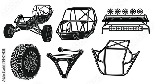 Black and White Line Art Off-Road Buggy Parts Vector Set