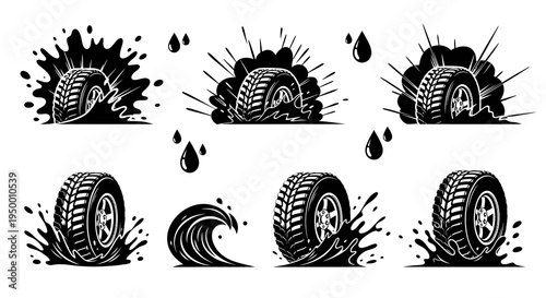 Black and White Tire Splashing Mud and Water Icons