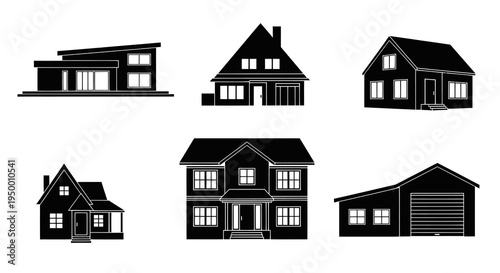 Black  White Silhouette Icons of Various Houses and Garage