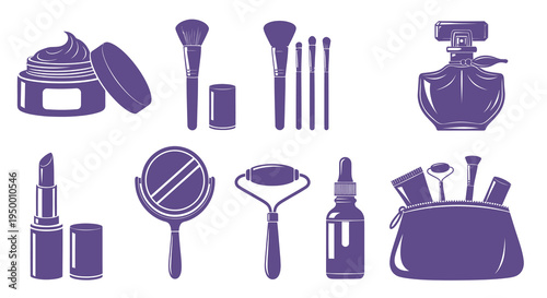 Purple makeup and beauty product icons set, vector glyph art