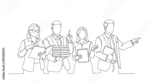 Business Team Concept, People Holding Books, Documents, Pointing, Line Art