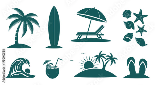 Beach Icons Set: Palm Tree, Surfboard, Umbrella, Seashells, Flip Flops, Ocean Wave, Coconut Drink, Island